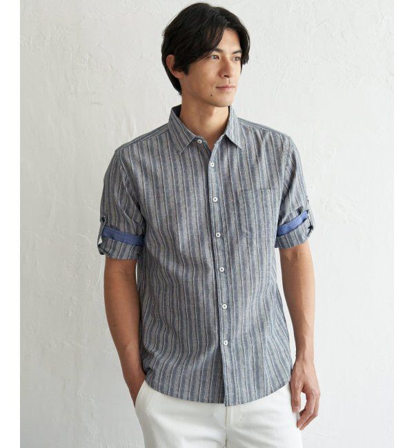 ikka「フレンチリネンMIX袖2WAYストライプシャツ」|シャツ・ブラウス|