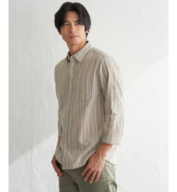 ikka「フレンチリネンMIX袖2WAYストライプシャツ」|シャツ・ブラウス|ベージュ
