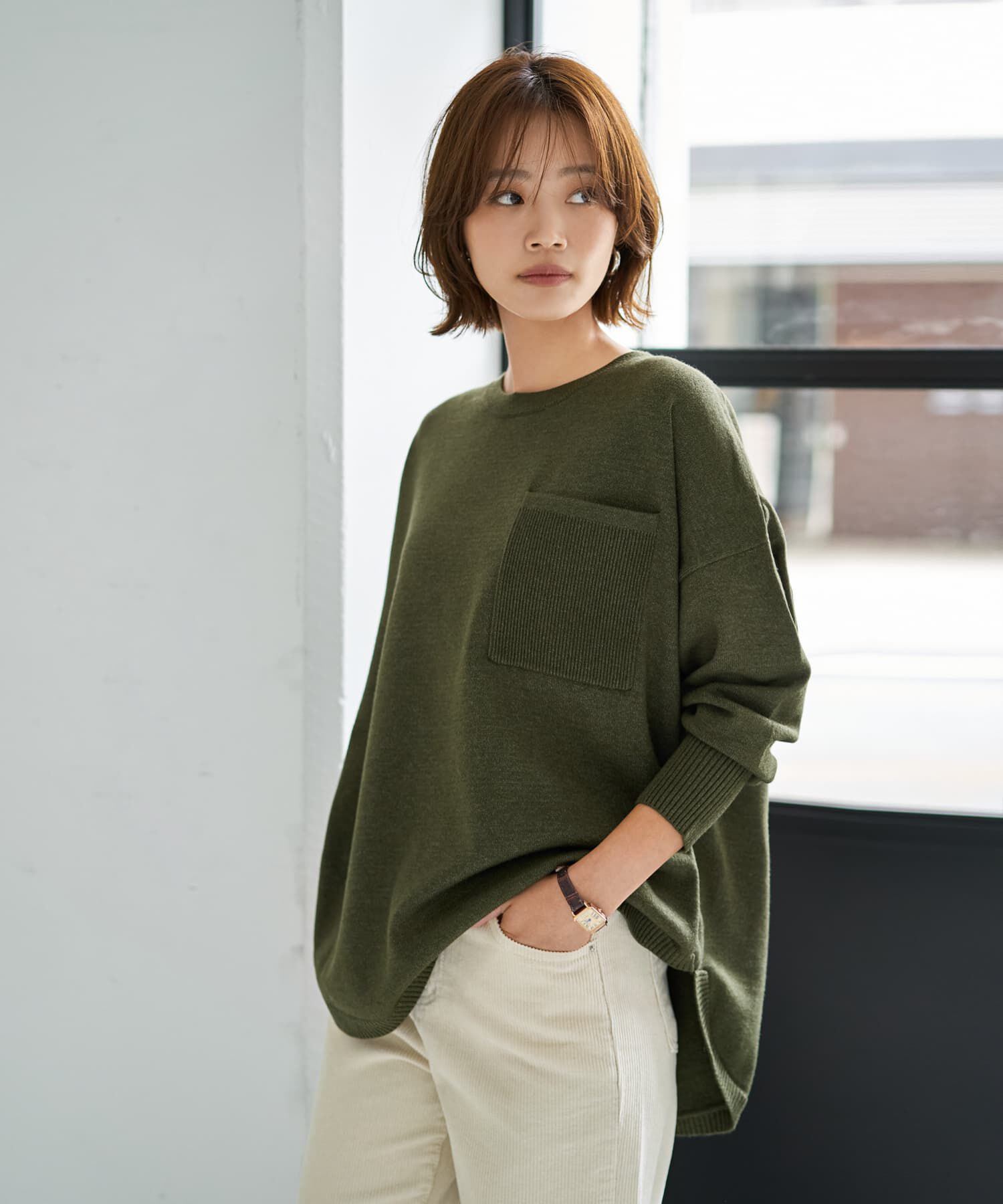 STYLE DELI「胸ポケット裾ラウンドニットトップス」|ニット・セーター|