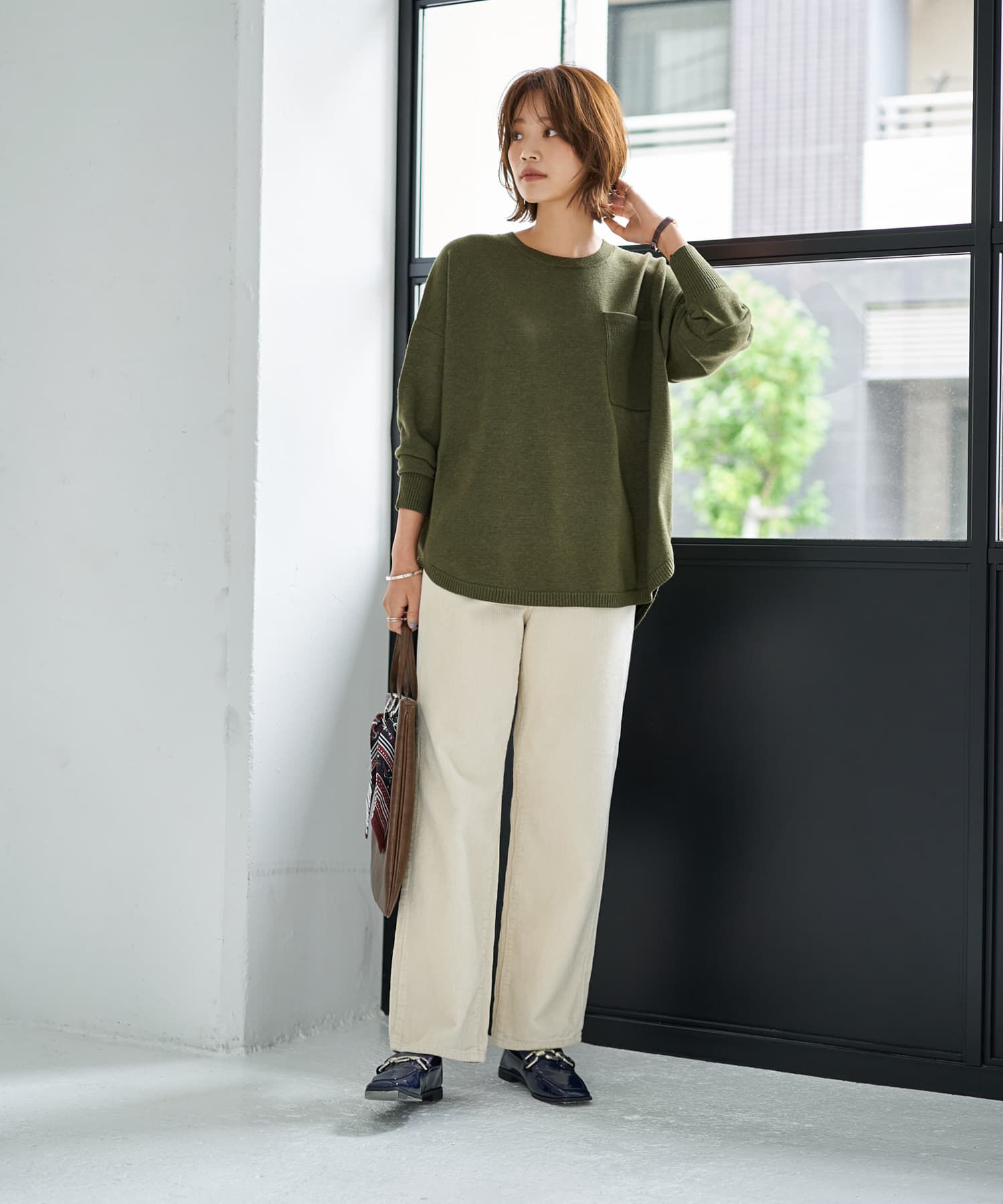 STYLE DELI「胸ポケット裾ラウンドニットトップス」|ニット・セーター|