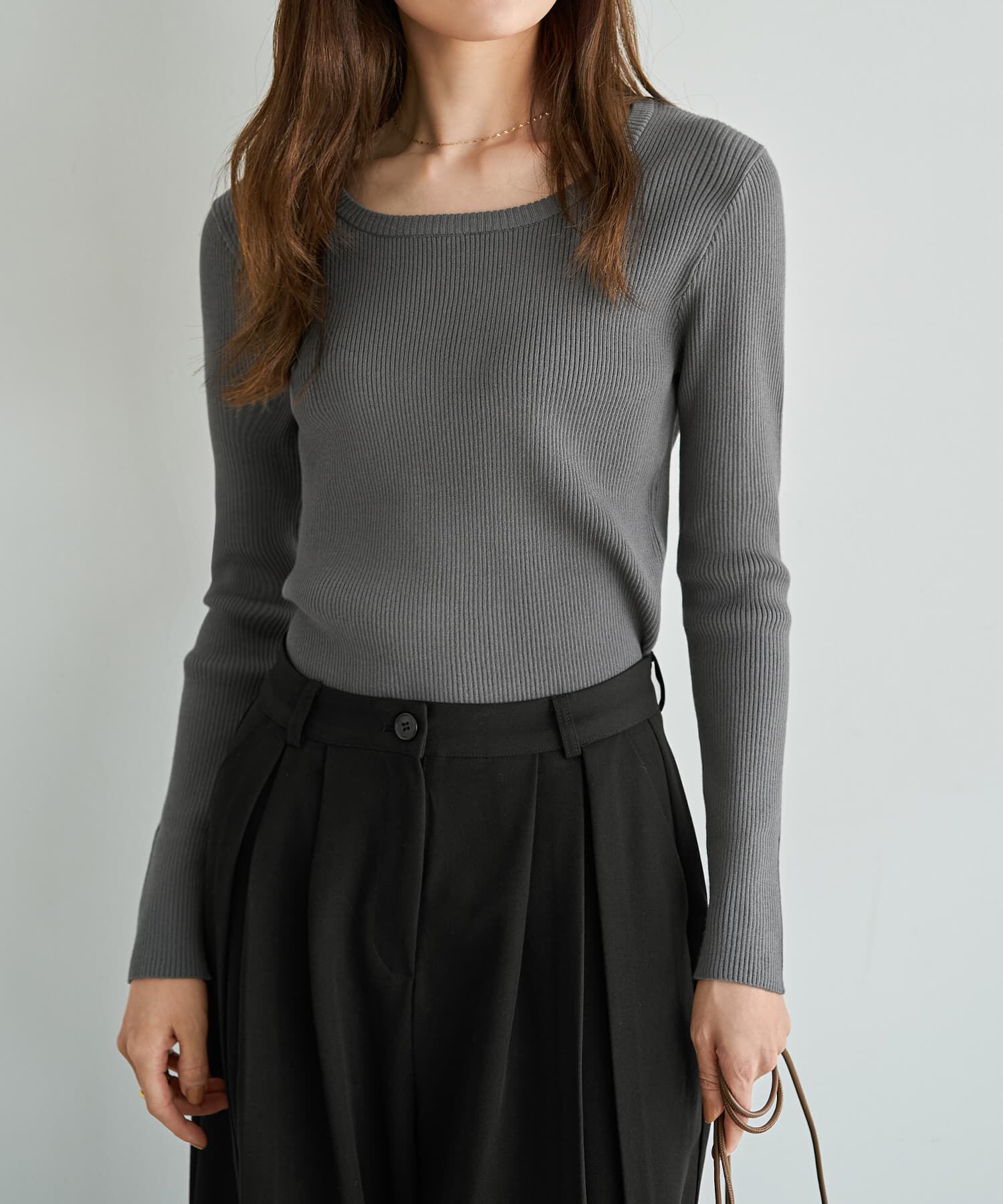 STYLE DELI「新補正リブ◆デコルテあきニットトップス」|ニット・セーター|ダークグレー