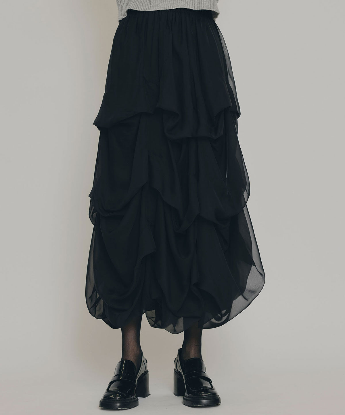 REDYAZEL「タックバルーンボリュームシフォンロングスカート」|フレア|ブラック