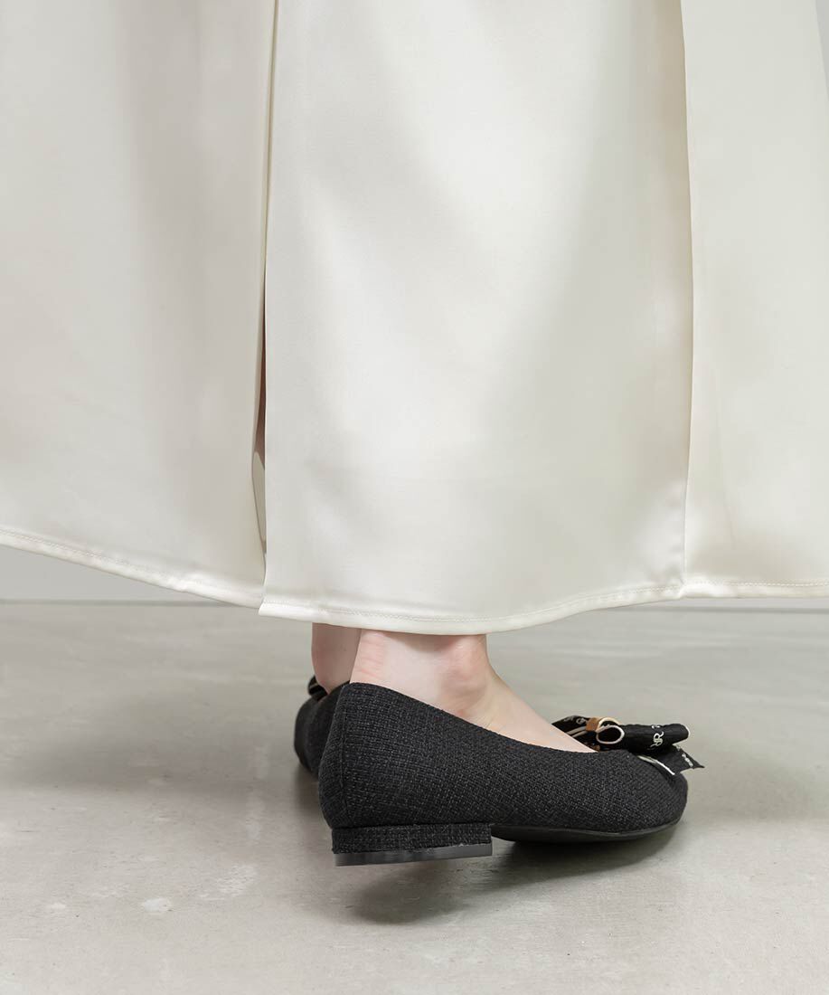  「3E幅広 2WAY リボンキャンバスフラットパンプス」|パンプス|