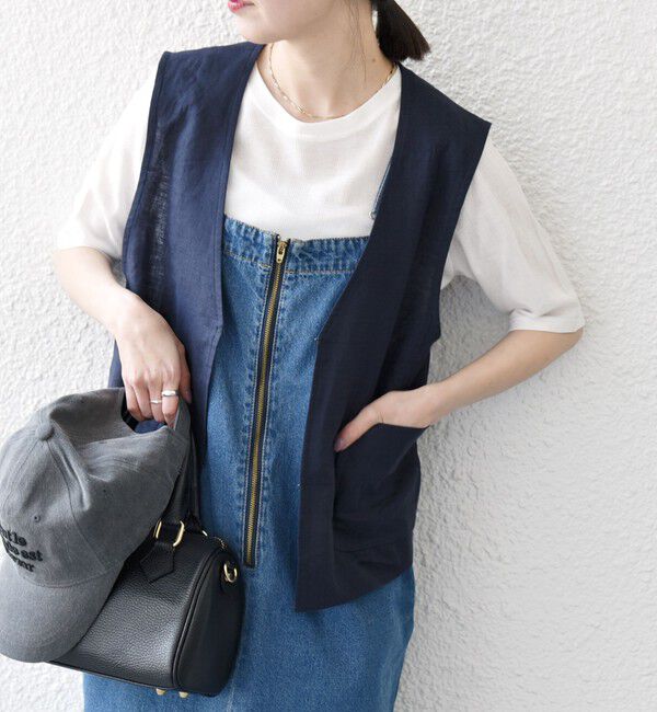 SHIPS any「SHIPS any:〈洗濯機可能〉ヨーロピアンフラックス リネン  Vネック コンパクト ベスト」|ベスト・ジレ|ネイビー