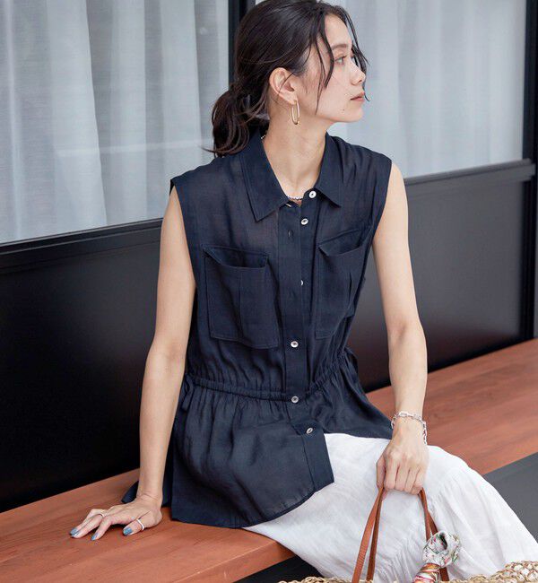 SHIPS for women「〈手洗い可能〉IMPERIAL LINEN Wポケット ノースリーブ シャツ」|シャツ・ブラウス|ネイビー