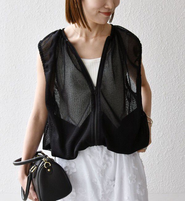 SHIPS any「SHIPS any:〈手洗い可能〉メッシュ シアー ドロスト ギャザー ノースリーブ ベスト」|ベスト・ジレ|
