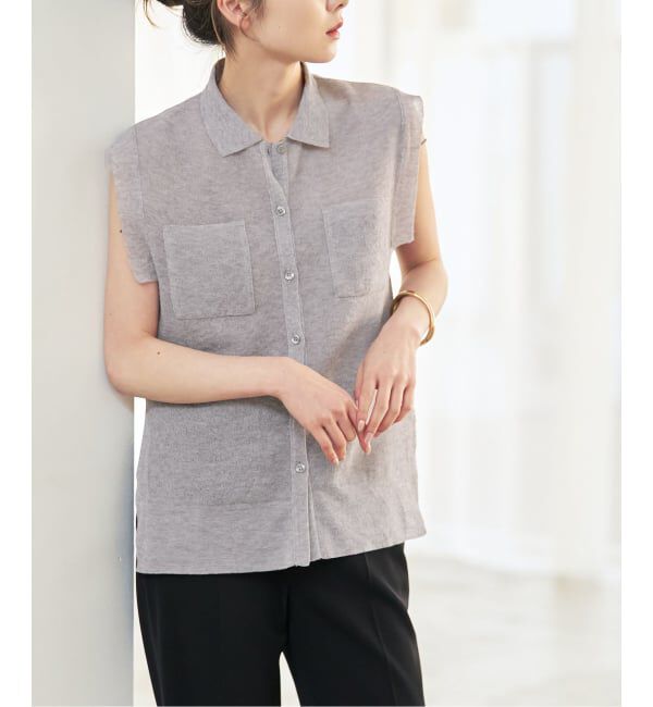 NOBLE「《追加予約・新色》【洗える】スポンジシアーノースリーブシャツニット」|ニット・セーター|グレーB