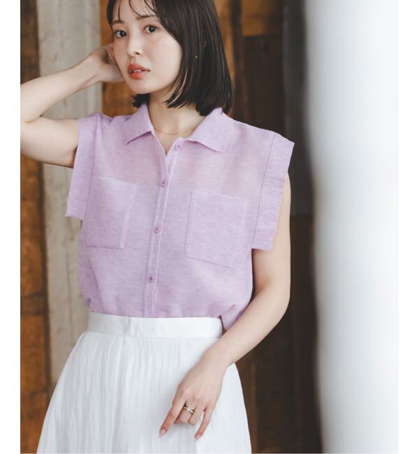 NOBLE「《追加予約・新色》【洗える】スポンジシアーノースリーブシャツニット」|ニット・セーター|パープル B