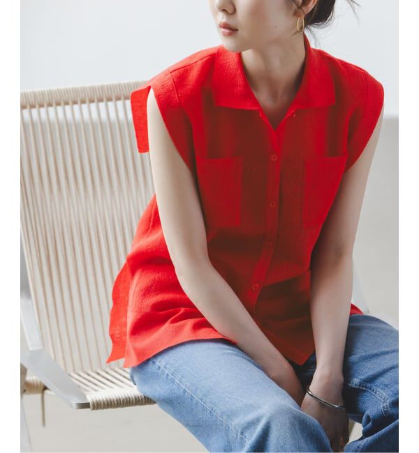 NOBLE「《追加予約・新色》【洗える】スポンジシアーノースリーブシャツニット」|ニット・セーター|レッド