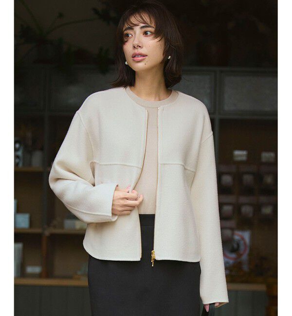 23区「ウールライトリバー ノーカラー ショートコート」|ノーカラーコート|ベージュ系