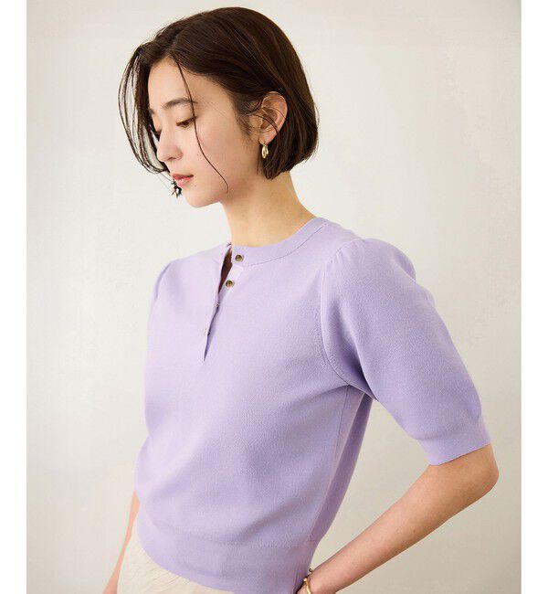 ROPE「金ボタン5分袖プルオーバー/イージーケア」|ニット・セーター|ラベンダー(52)