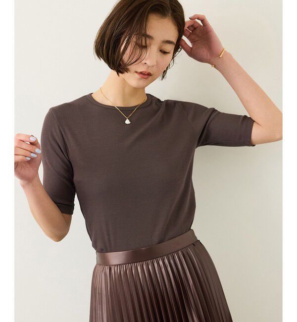 ROPE「コンフォートリブハーフスリーブカットソー(5分袖)/イージーケア・接触冷感」|Tシャツ・カットソー|ブラウン系(22)