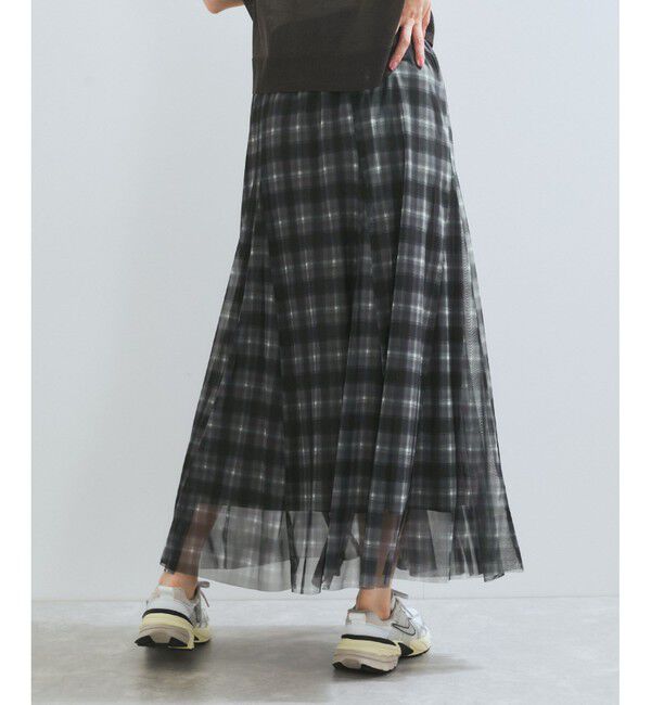 VIS「【洗える】チュールプリントチェックスカート」|スカート|