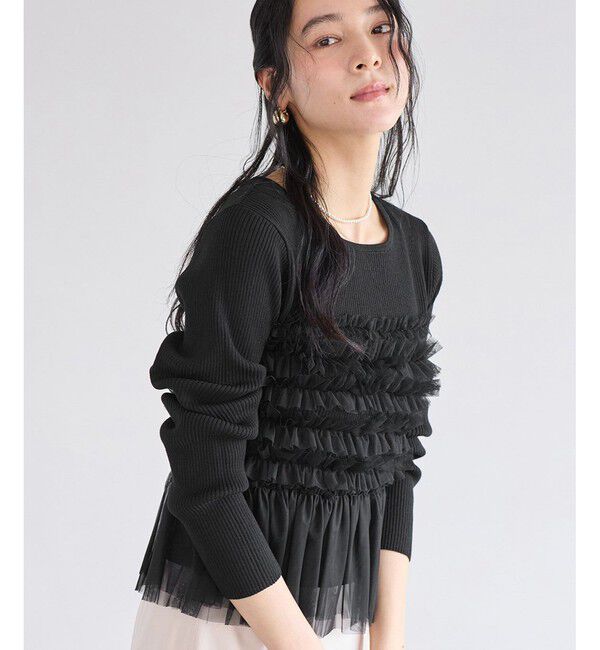VIS「チュールフリルドッキングニット/イージーケア」|ニット・セーター|ブラック(01)