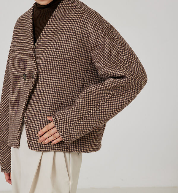 qualite「千鳥チェックショートコート」|ノーカラーコート|