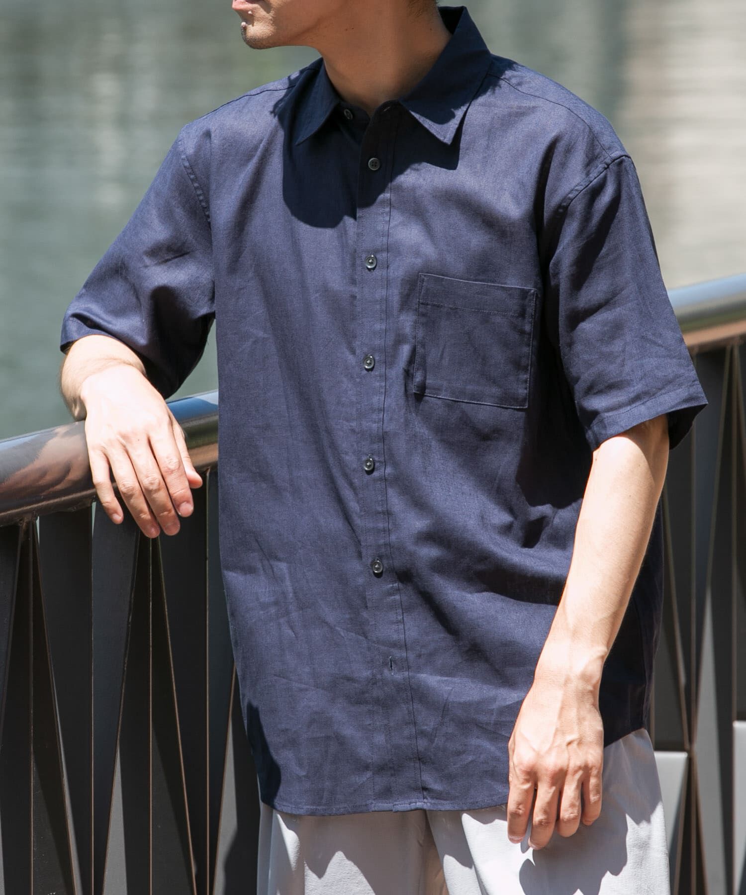 URBAN RESEARCH ROSSO「『XLサイズあり』リラックスコットンリネンレギュラーカラー半袖シャツ」|シャツ・ブラウス|ネイビー