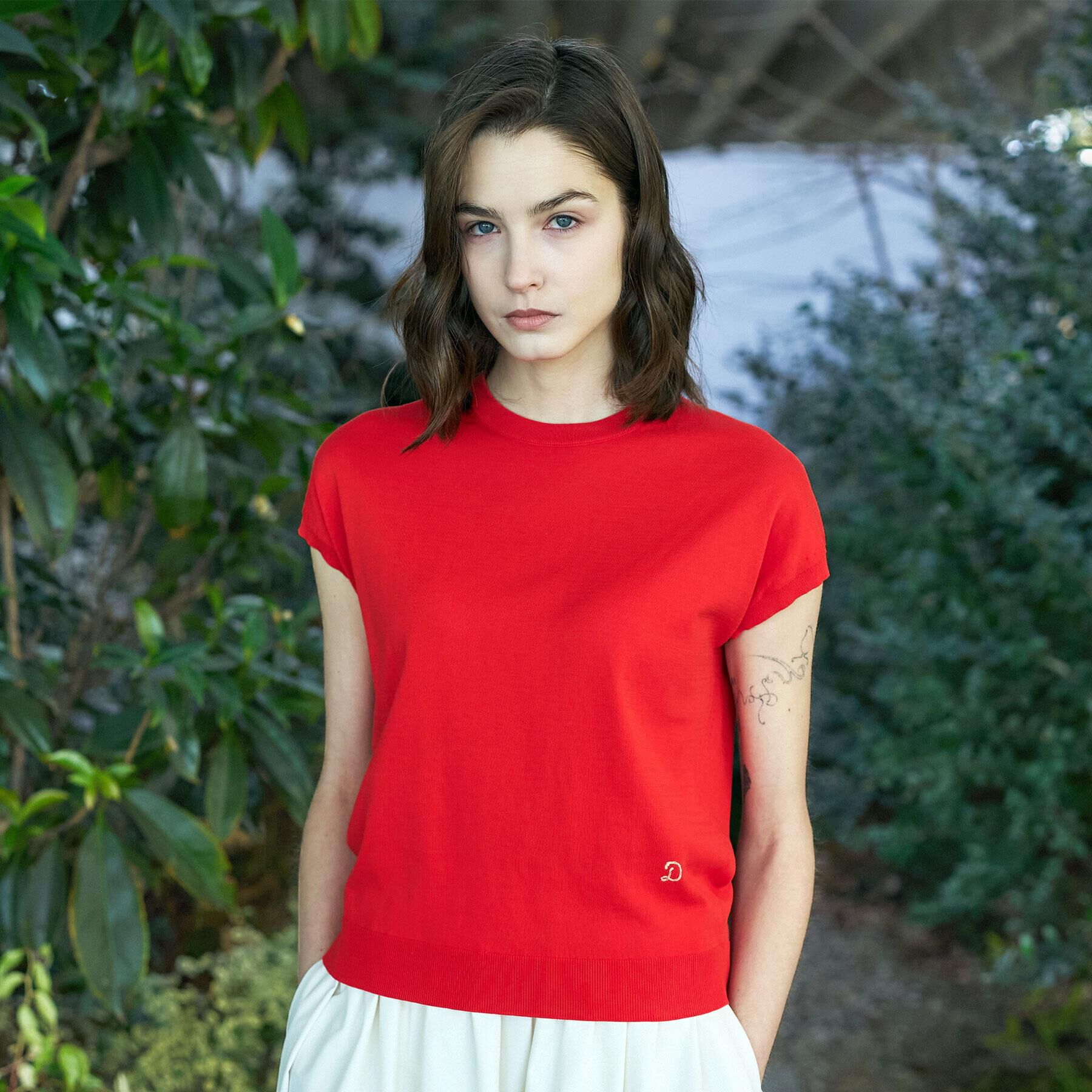 DRESSTERIOR「コットンシルクフレンチスリーブニット」|ニット・セーター|レッド(062)