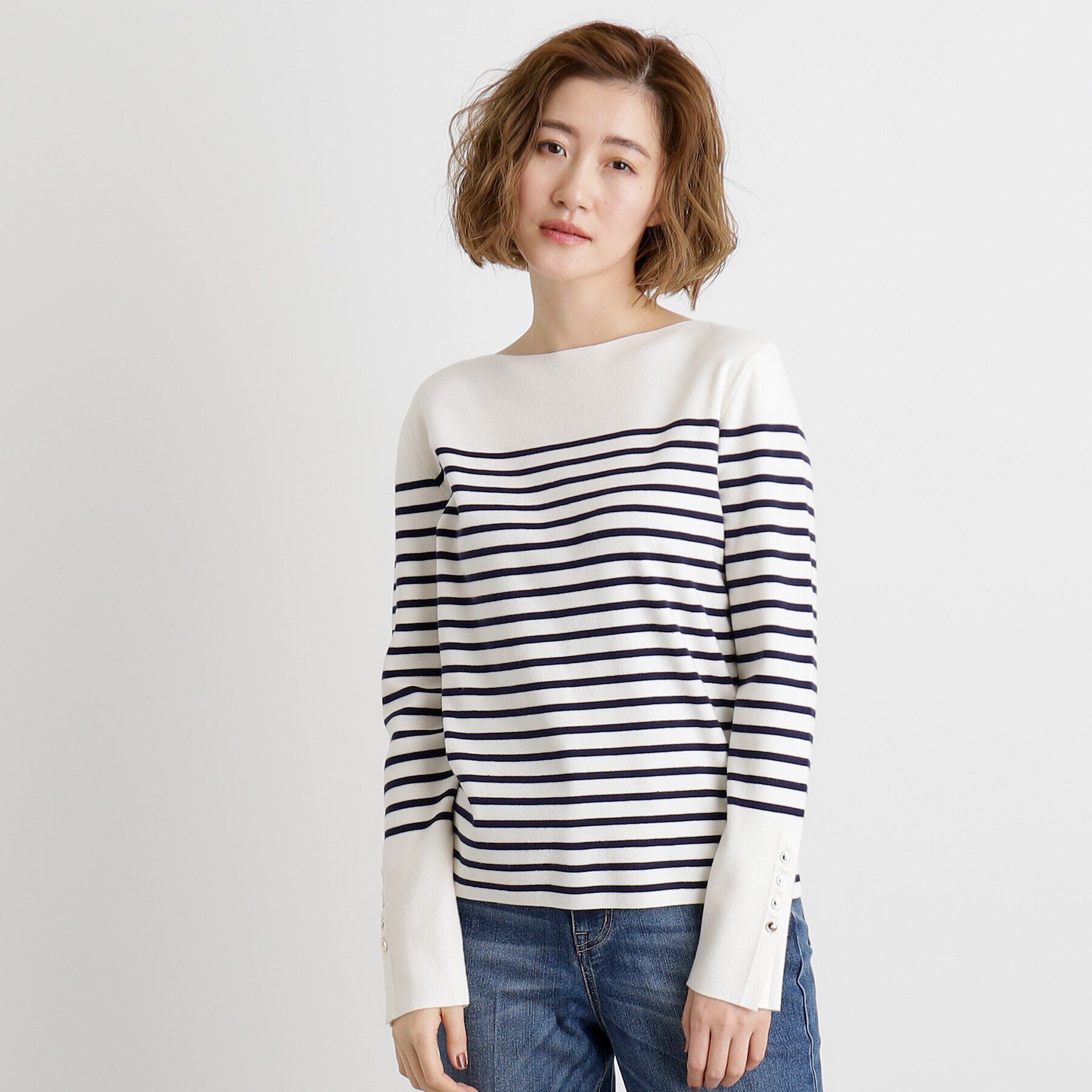 grove「総針袖口金ボタンニットロンT」|ニット・セーター|