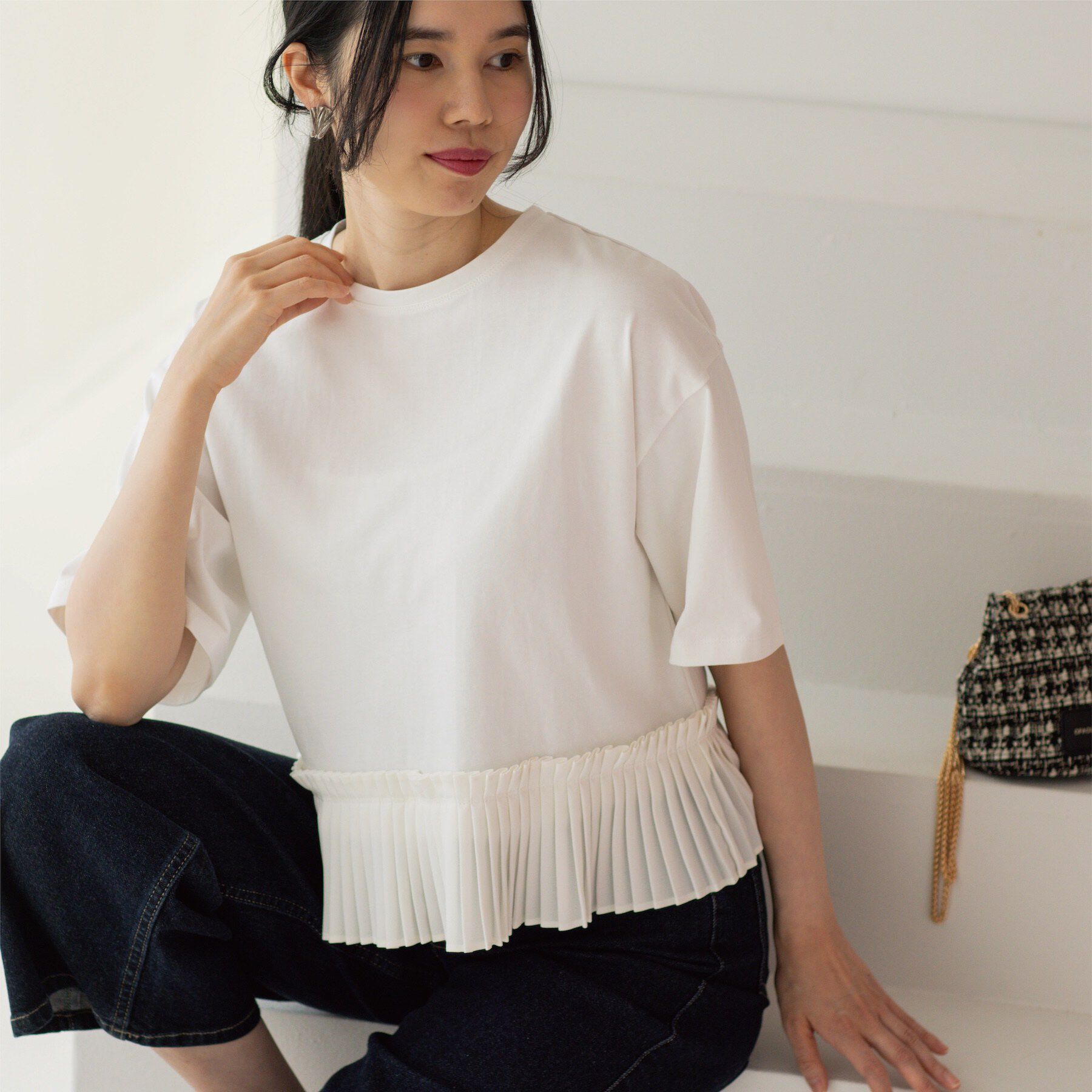 OPAQUE.CLIP「プリーツデザインドッキングトップス」|Tシャツ・カットソー|ホワイト(001)