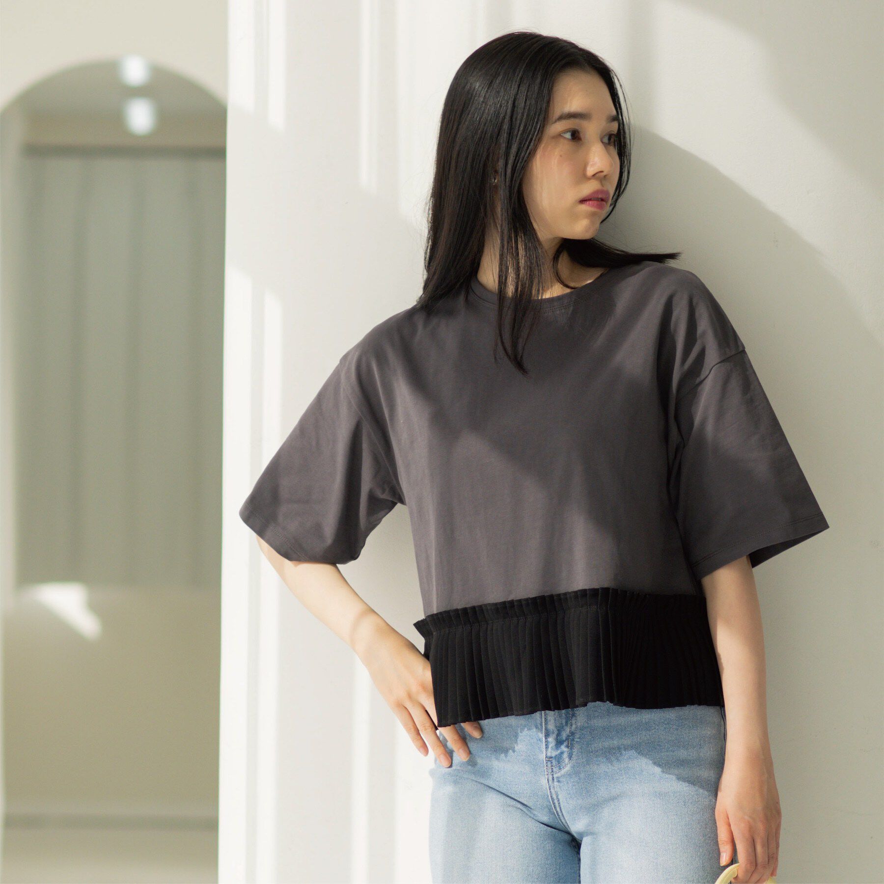 OPAQUE.CLIP「プリーツデザインドッキングトップス」|Tシャツ・カットソー|