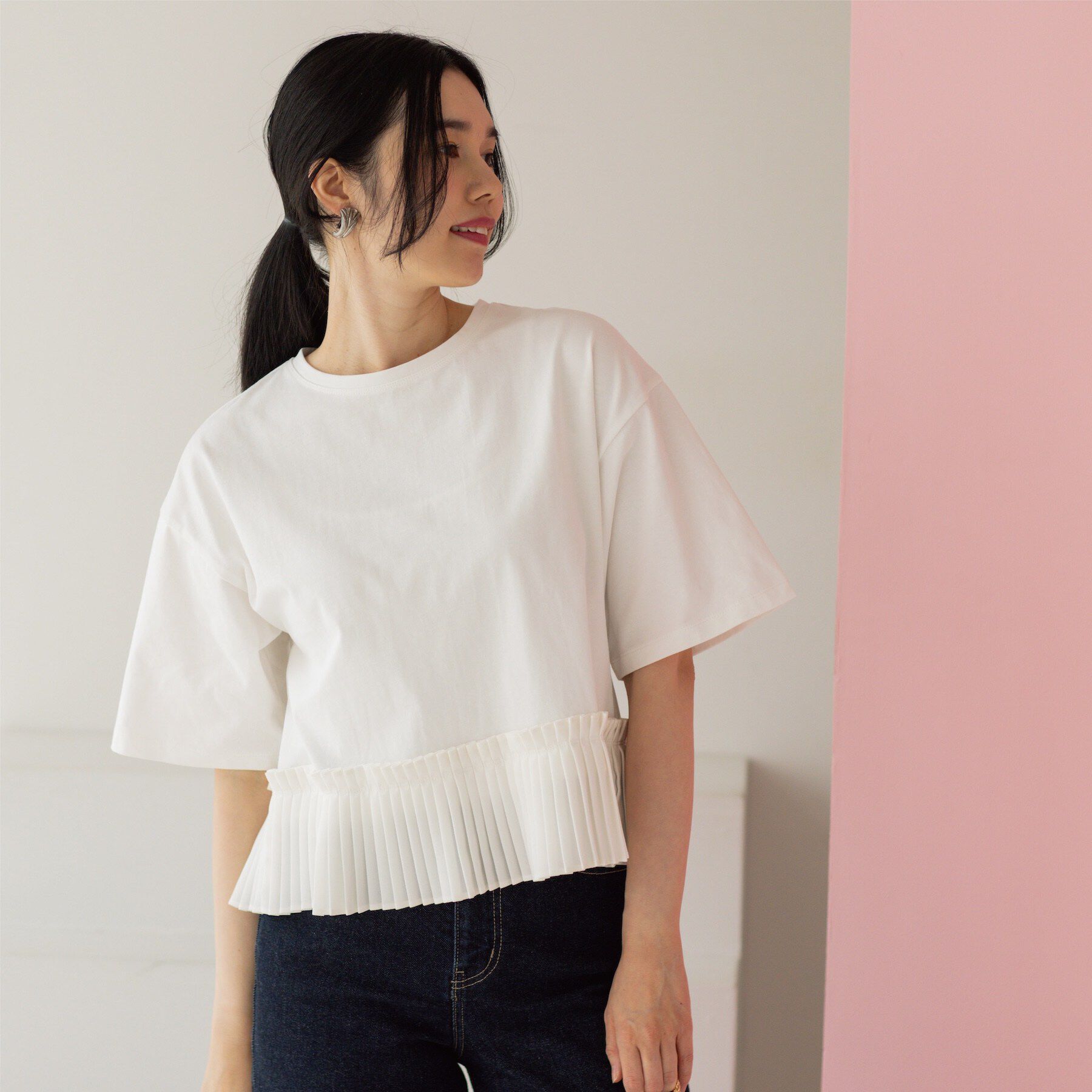 OPAQUE.CLIP「プリーツデザインドッキングトップス」|Tシャツ・カットソー|