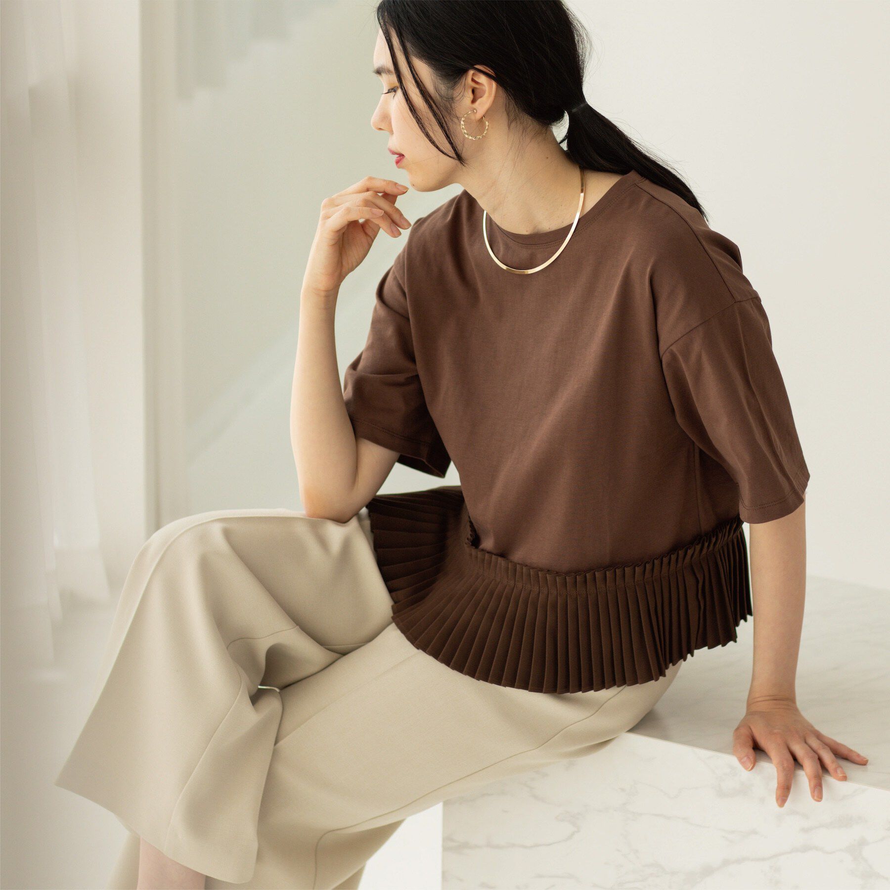 OPAQUE.CLIP「プリーツデザインドッキングトップス」|Tシャツ・カットソー|