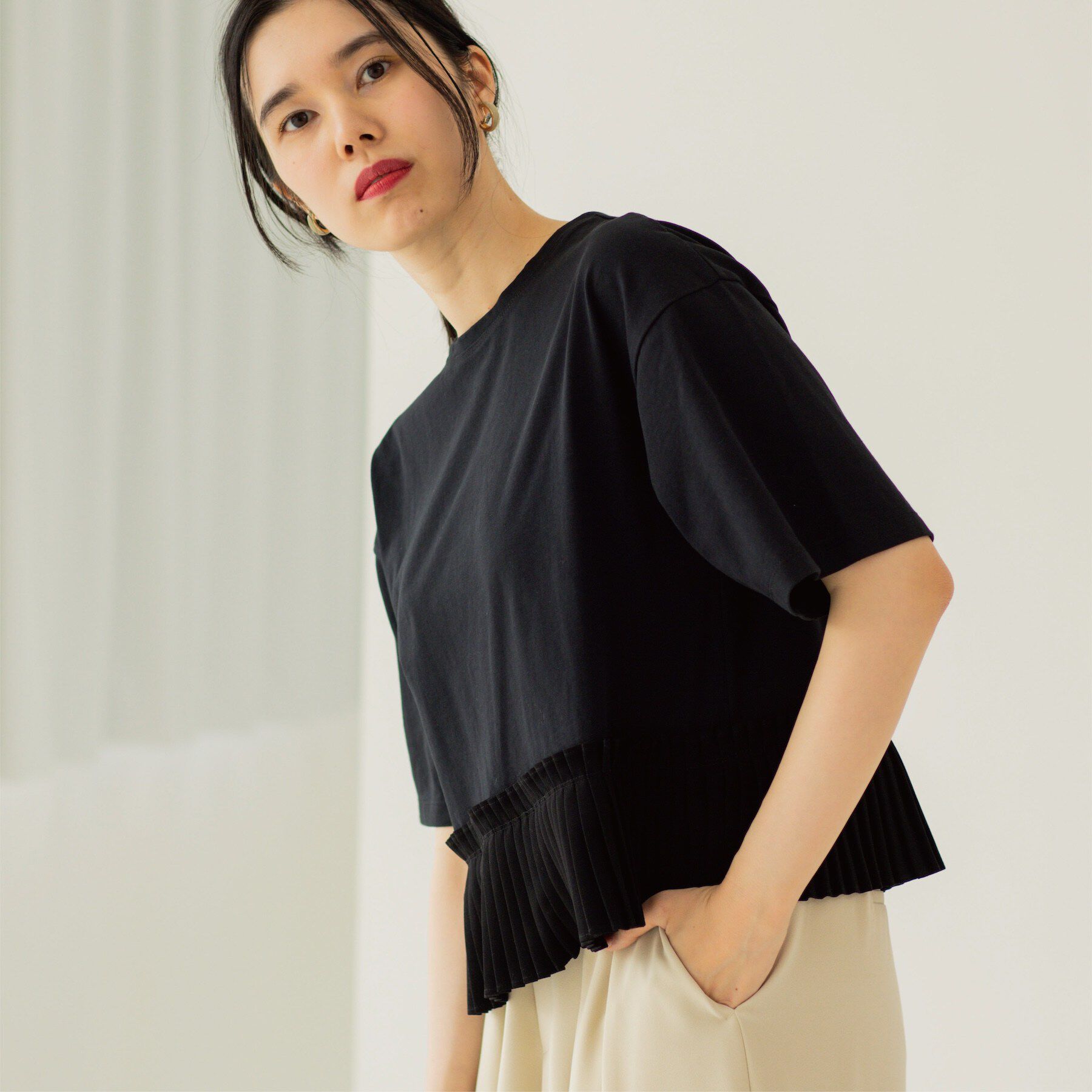 OPAQUE.CLIP「プリーツデザインドッキングトップス」|Tシャツ・カットソー|