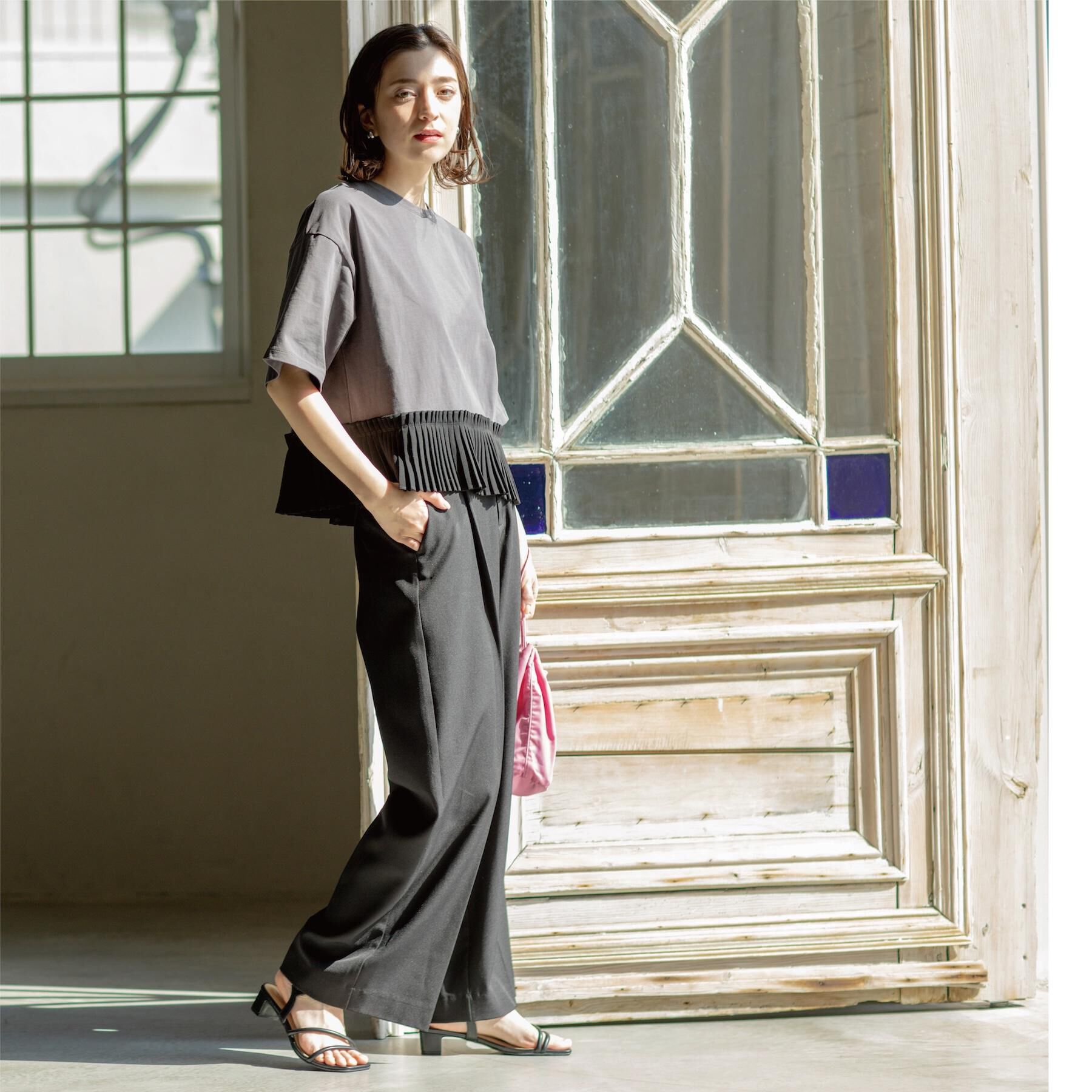 OPAQUE.CLIP「プリーツデザインドッキングトップス」|Tシャツ・カットソー|