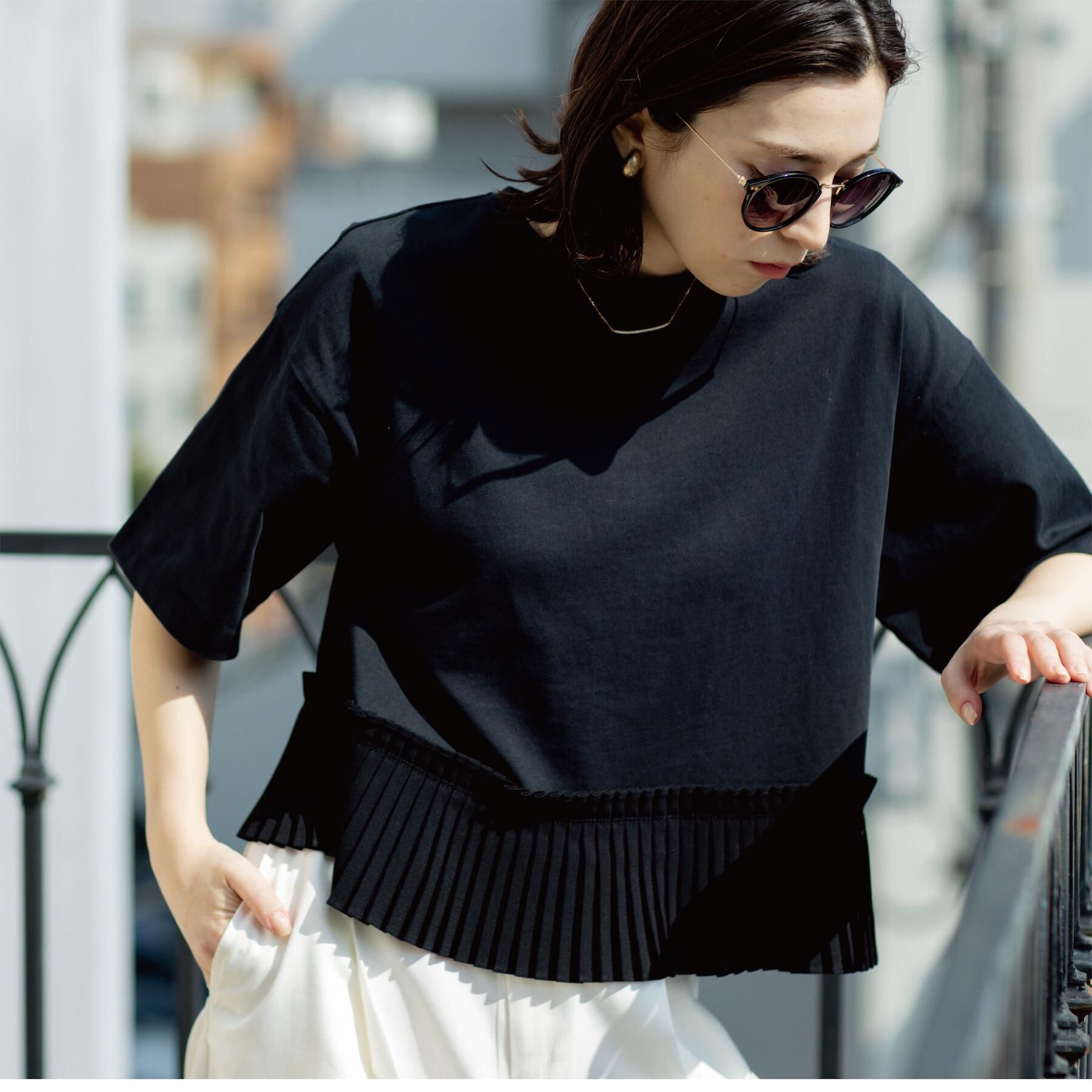 OPAQUE.CLIP「プリーツデザインドッキングトップス」|Tシャツ・カットソー|ブラック(019)