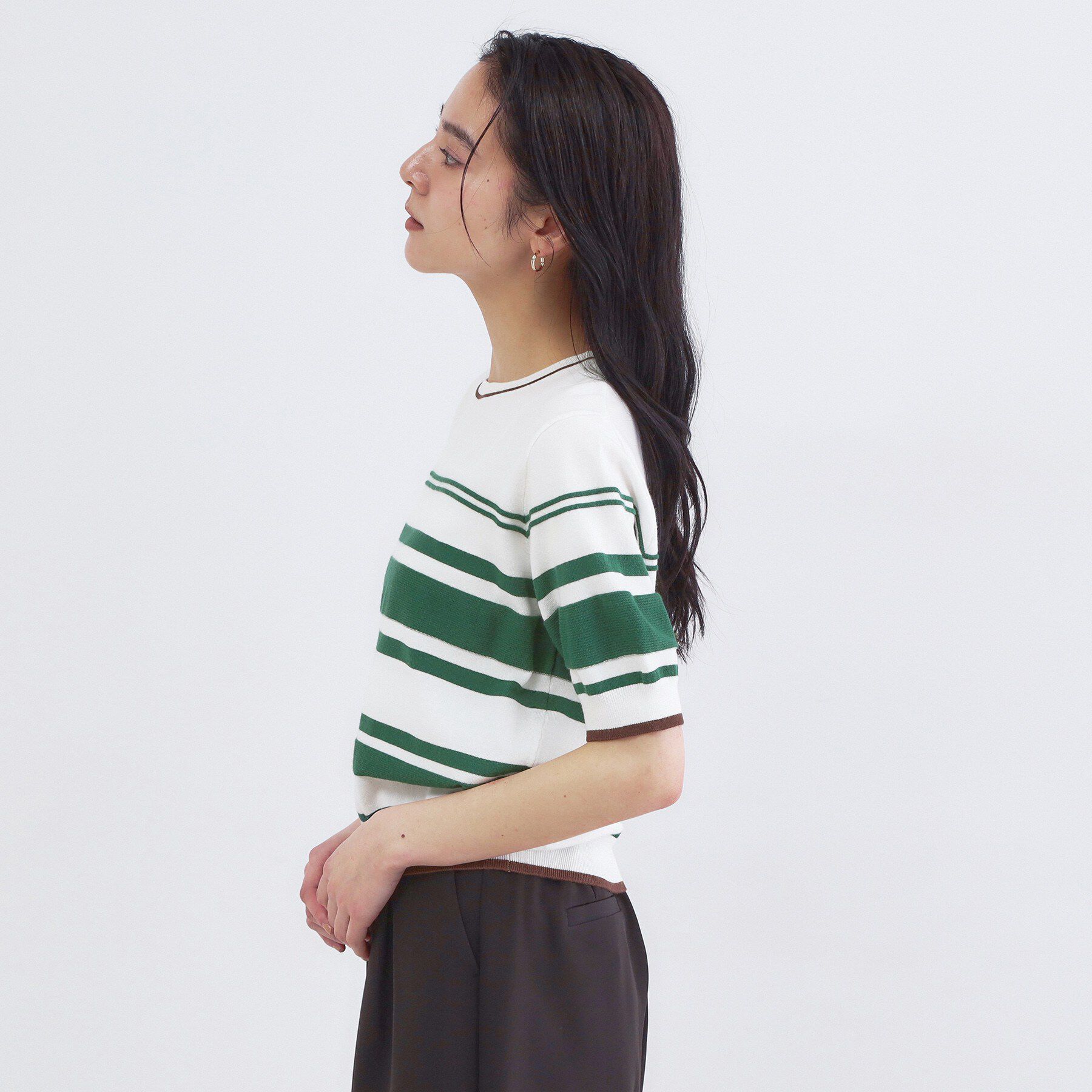 OPAQUE.CLIP「ランダムボーダーハーフスリーブニット【洗濯機OK】」|ニット・セーター|