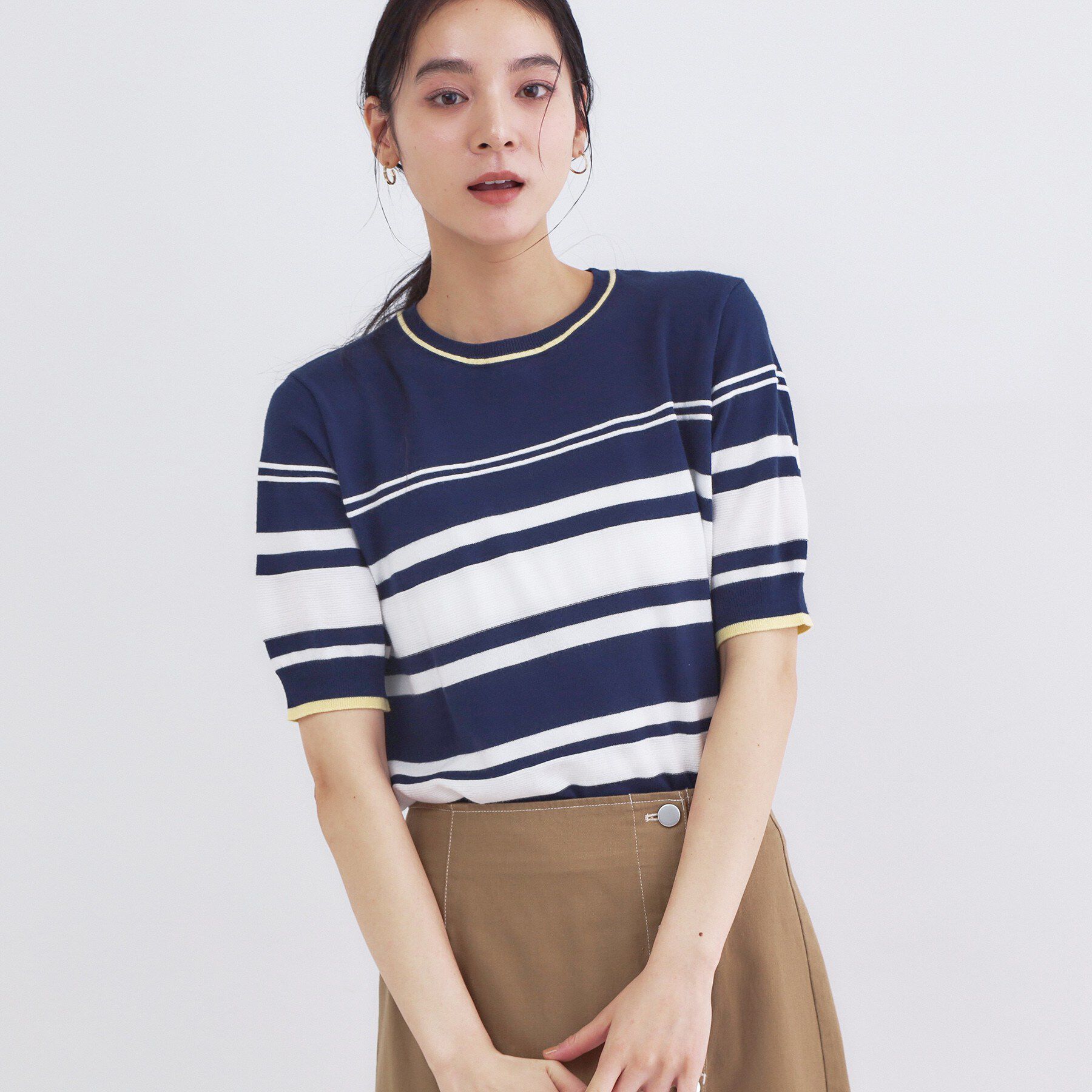 OPAQUE.CLIP「ランダムボーダーハーフスリーブニット【洗濯機OK】」|ニット・セーター|ネイビー(394)