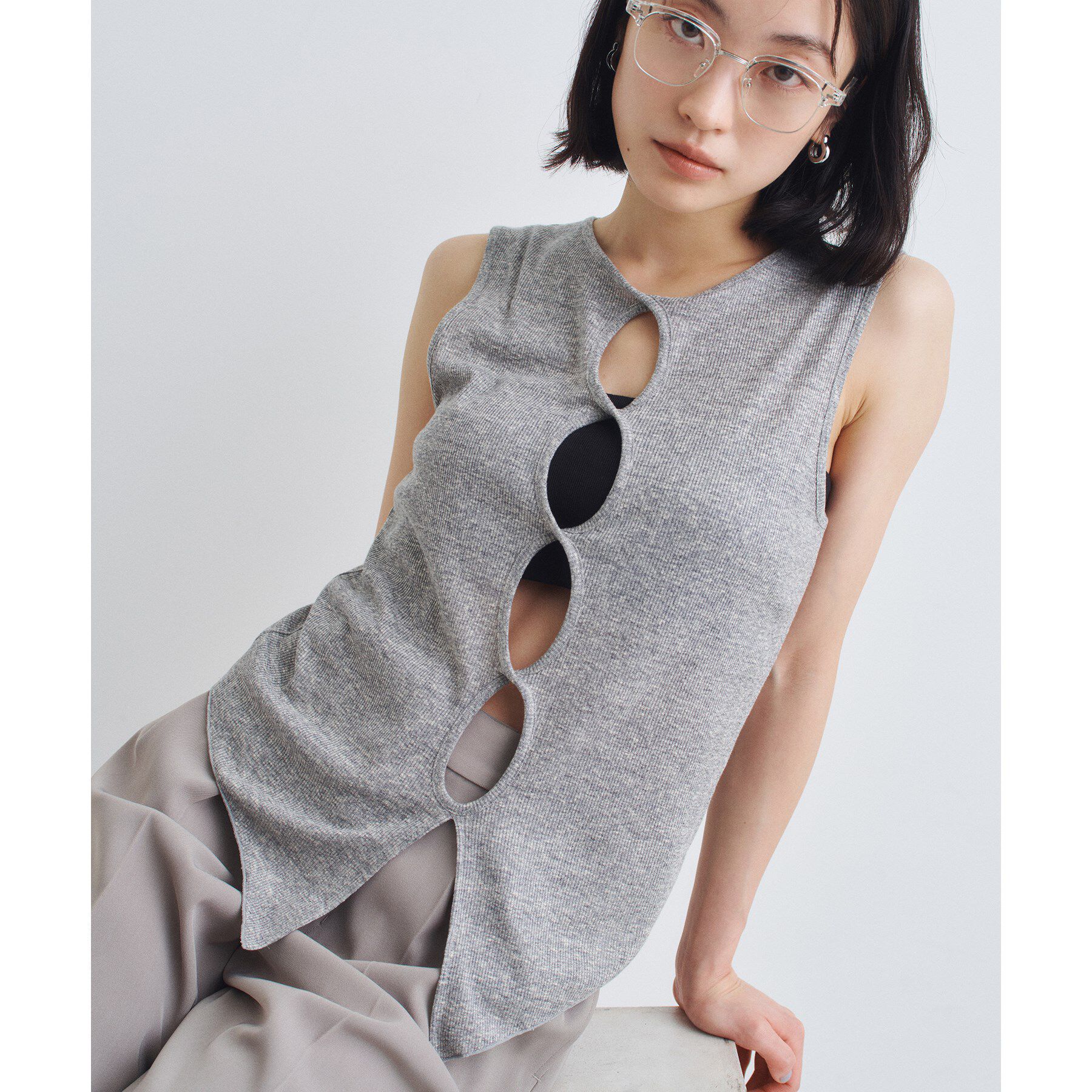 CODE A「twist sheer rib tops」|Tシャツ・カットソー|グレー(012)