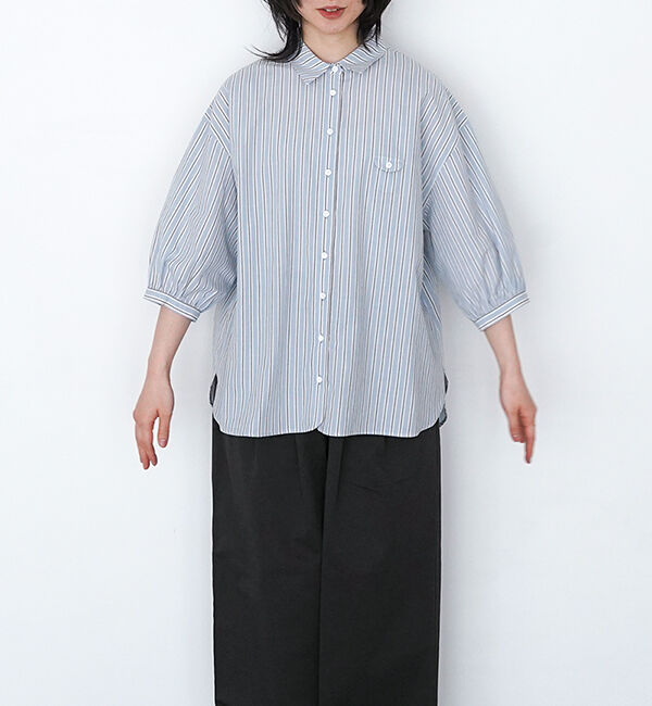 休日と詩「小さなポケットと襟のシャツ"7分袖"」|シャツ・ブラウス|ブルーストライプ
