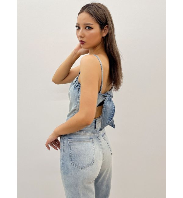 GYDA「BACKリボンデニムロンパース」|オールインワン|