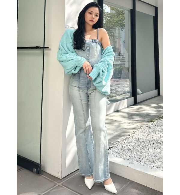 GYDA「BACKリボンデニムロンパース」|オールインワン|