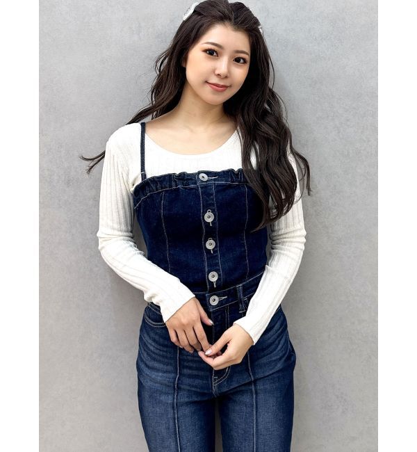 GYDA「BACKリボンデニムロンパース」|オールインワン|