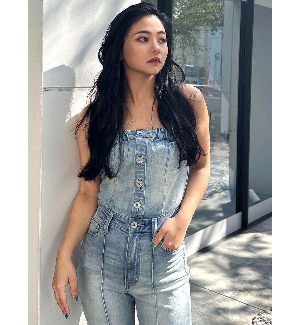 GYDA「BACKリボンデニムロンパース」|オールインワン|