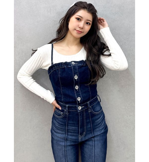 GYDA「BACKリボンデニムロンパース」|オールインワン|