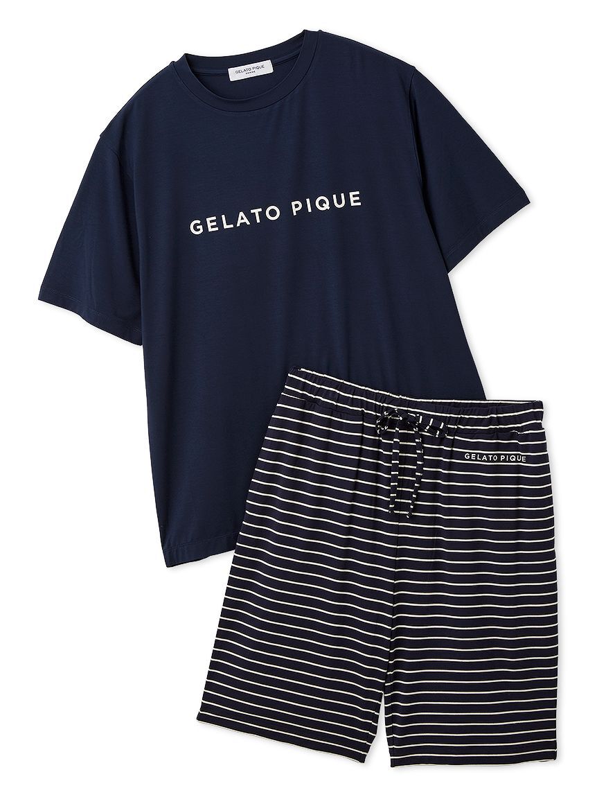 GELATO PIQUE HOMME「【HOMME】レーヨンロゴTシャツ&ボーダーハーフパンツセット」|ルームウェア|NVY