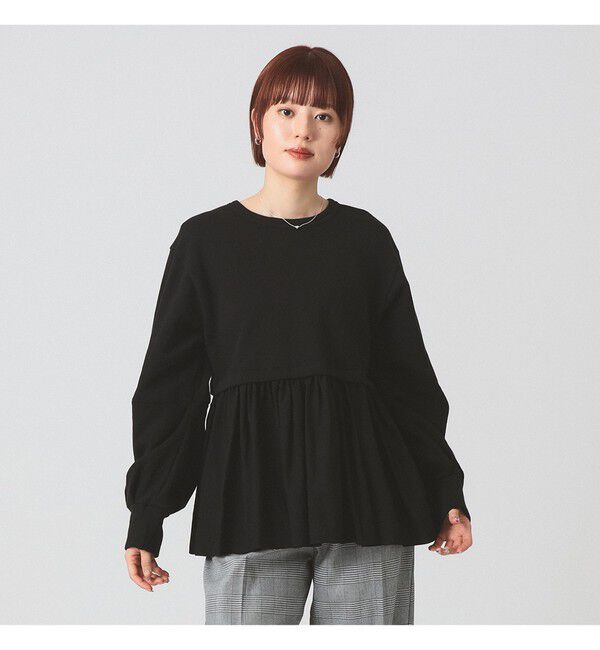 Ray BEAMS 「ギャザー キリカエ スウェット クルーネック トップス」|スウェット・ジャージ|BLACK
