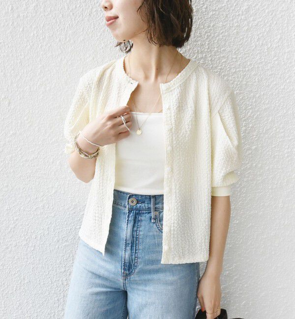 SHIPS for women「【WEB限定】〈手洗い可能〉バンピー シャーリング 5分袖 カーディガン」|カーディガン|オフホワイト