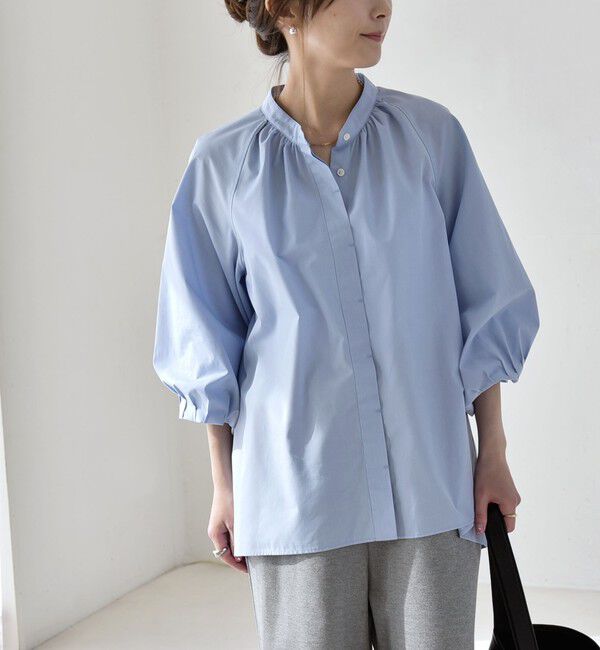 quaranciel「quaranciel:〈洗濯機可能〉REPREVE バンドカラー ギャザー パフ シャツ ブラウス」|シャツ・ブラウス|