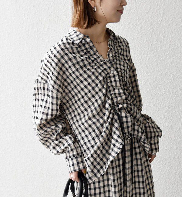SHIPS any「SHIPS any:〈洗濯機可能〉ギンガムチェック サッカー ドロスト シャツ ブラウス」|シャツ・ブラウス|