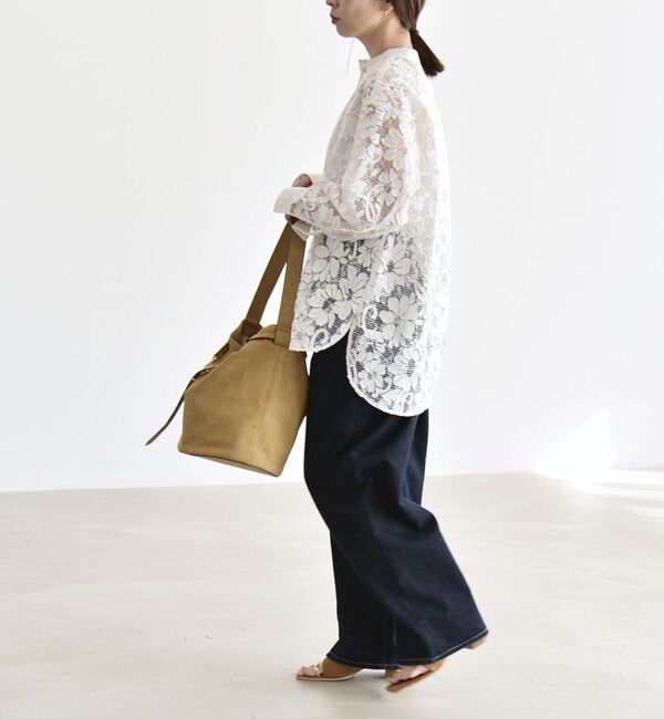 quaranciel「quaranciel:〈手洗い可能〉デニム フラワー レース バンドカラー シャツ」|シャツ・ブラウス|