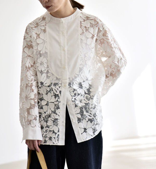 quaranciel「quaranciel:〈手洗い可能〉デニム フラワー レース バンドカラー シャツ」|シャツ・ブラウス|