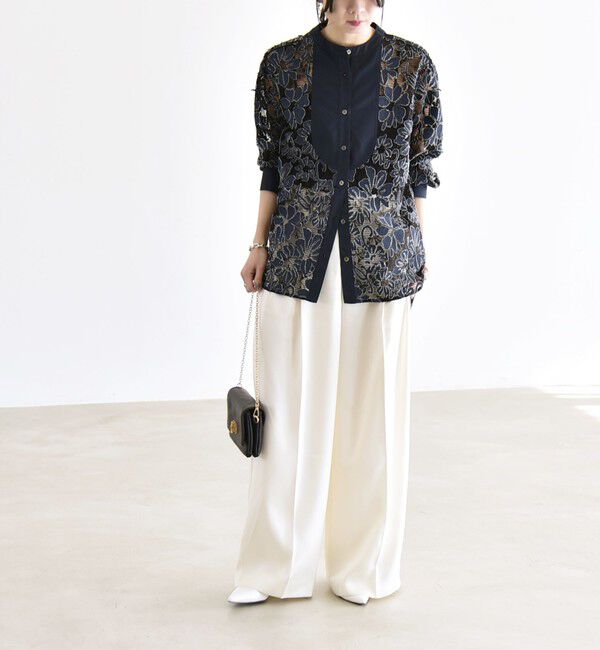 quaranciel「quaranciel:〈手洗い可能〉デニム フラワー レース バンドカラー シャツ」|シャツ・ブラウス|