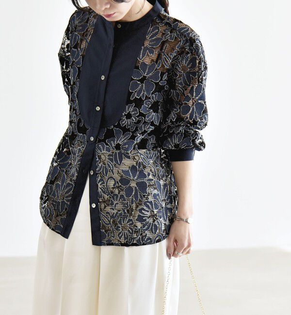quaranciel「quaranciel:〈手洗い可能〉デニム フラワー レース バンドカラー シャツ」|シャツ・ブラウス|
