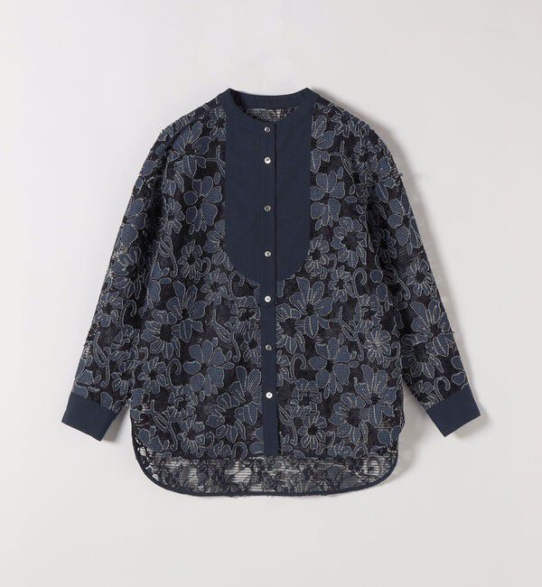 quaranciel「quaranciel:〈手洗い可能〉デニム フラワー レース バンドカラー シャツ」|シャツ・ブラウス|