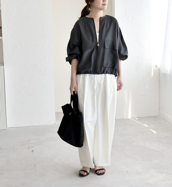 quaranciel「《予約》quaranciel:〈手洗い可能〉リネン ミックス ノーカラー ドロスト ブルゾン」|ブルゾン・スタジャン|