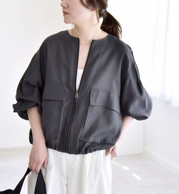 quaranciel「《予約》quaranciel:〈手洗い可能〉リネン ミックス ノーカラー ドロスト ブルゾン」|ブルゾン・スタジャン|